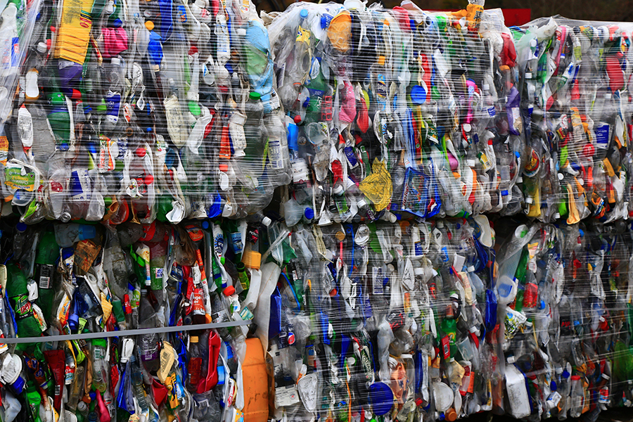 Bales of plastic bottle waste